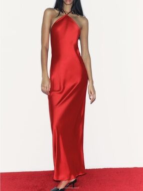 Zara Red Satin Halter-Style Midi Dress